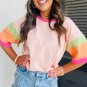 Pink Color Block Stitching Sleeve Round Neck Oversize Top