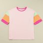 Pink Color Block Stitching Sleeve Round Neck Oversize Top