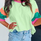 Green Color Block Stitching Sleeve Round Neck Oversize Top