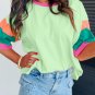 Green Color Block Stitching Sleeve Round Neck Oversize Top