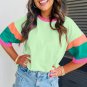 Green Color Block Stitching Sleeve Round Neck Oversize Top