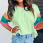 Green Color Block Stitching Sleeve Round Neck Oversize Top