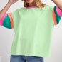 Green Color Block Stitching Sleeve Round Neck Oversize Top