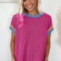 Bright Pink Textured Contrast Trim Round Neck T Shirt