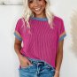 Bright Pink Textured Contrast Trim Round Neck T Shirt