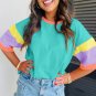 Light Blue Color Block Stitching Sleeve Round Neck Oversize Top