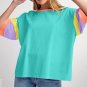 Light Blue Color Block Stitching Sleeve Round Neck Oversize Top
