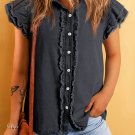 Black Button Front Ruffled Flutter Frayed Denim Top