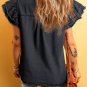 Black Button Front Ruffled Flutter Frayed Denim Top