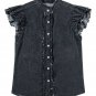 Black Button Front Ruffled Flutter Frayed Denim Top