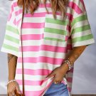 Pink Stripe Contrast Patch Pocket Drop Sleeve T Shirt