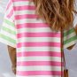 Pink Stripe Contrast Patch Pocket Drop Sleeve T Shirt