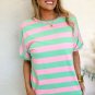 Pink Stripe Colorblock Cuffed Sleeve Loose Tee