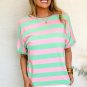 Pink Stripe Colorblock Cuffed Sleeve Loose Tee