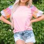 Pink Sequin Colorblock Striped Puff Sleeve Top