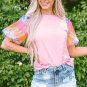 Pink Sequin Colorblock Striped Puff Sleeve Top