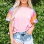 Pink Sequin Colorblock Striped Puff Sleeve Top