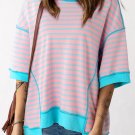 Pink Stripe Oversized Contrast Trim Exposed Seam High Low T Shirt