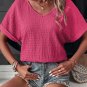 Bright Pink Textured Rolled Sleeve V Neck Tee