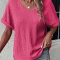 Bright Pink Textured Rolled Sleeve V Neck Tee