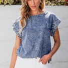 Dusk Blue Acid Wash Pearl Embellishments O-neck Denim Top