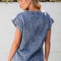 Dusk Blue Acid Wash Pearl Embellishments O-neck Denim Top