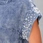 Dusk Blue Acid Wash Pearl Embellishments O-neck Denim Top