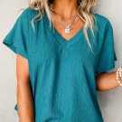 Blue Sapphire Crinkled V Neck Wide Sleeve T Shirt
