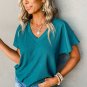 Blue Sapphire Crinkled V Neck Wide Sleeve T Shirt