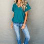 Blue Sapphire Crinkled V Neck Wide Sleeve T Shirt