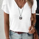 White Solid Color Textured V Neck Short Sleeve Top