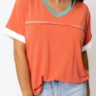 Grapefruit Orange Contrast Trim Exposed Seam V Neck T Shirt