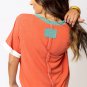 Grapefruit Orange Contrast Trim Exposed Seam V Neck T Shirt