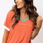 Grapefruit Orange Contrast Trim Exposed Seam V Neck T Shirt