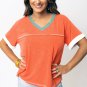 Grapefruit Orange Contrast Trim Exposed Seam V Neck T Shirt