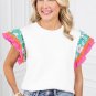 White Contrast Ricrac Floral Sleeve Top