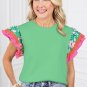 Light Green Contrast Ricrac Floral Sleeve Top