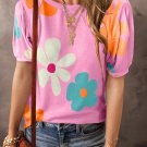 Pink Flower Print Bubble Sleeve Tee