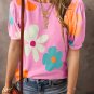 Pink Flower Print Bubble Sleeve Tee
