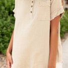 Parchment Crinkle Textured Frayed Trim Half Button Short Sleeve Top