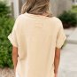 Parchment Crinkle Textured Frayed Trim Half Button Short Sleeve Top