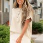 Parchment Crinkle Textured Frayed Trim Half Button Short Sleeve Top