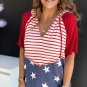 Fiery Red Stars and Stripes Print Drawstring Hooded T Shirt