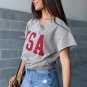 Light Grey USA Lettering Patch Notched Neck Loose Tee