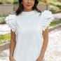 White Solid Color Scalloped Ruffle Sleeve Top