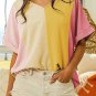 Apricot Crinkled Colorblock Patchwork V Neck T Shirt