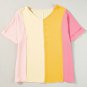 Apricot Crinkled Colorblock Patchwork V Neck T Shirt
