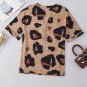 Light French Beige Leopard Folded Short Sleeve Buttoned V Neck T Shirt