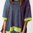 Green Stripe Oversized Contrast Trim Exposed Seam High Low T Shirt