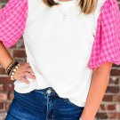 White Contrast Tweed Puff Sleeve Top